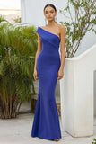 Blue One Shoulder Sheath Metta Satin Long Formal Dress