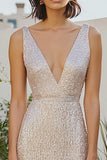 Champagne V Neck Metallic Sheath Long Formal Dress