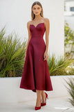 Satin A Line Burgundy Sweetheart Tea Length Formal Dress