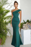 Matte Satin Dark Green One Shoulder Sheath Maxi Formal Dress