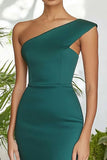 Matte Satin Dark Green One Shoulder Sheath Maxi Formal Dress