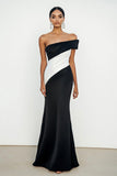 Matte Satin Black White Off the Shoulder Sheath Maxi Formal Dress