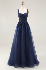 Navy Sweetheart A Line Pleated Long Corset Prom Dress