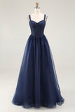 Navy Corset Sweetheart A Line Pleated Long Prom Dress
