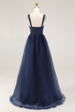 Navy Corset Sweetheart A Line Pleated Long Prom Dress