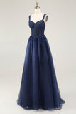 Navy Sweetheart A Line Pleated Long Corset Prom Dress