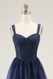 Navy Sweetheart A Line Pleated Long Corset Prom Dress