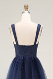 Navy Sweetheart A Line Pleated Long Corset Prom Dress