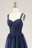Navy Sweetheart A Line Pleated Long Corset Prom Dress