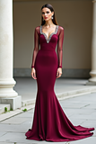 Elegant Burgundy Sheath Long Sleeves Formal Dress with Rhinestones