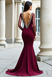 Elegant Burgundy Sheath Long Sleeves Formal Dress with Rhinestones