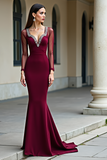 Elegant Burgundy Sheath Long Sleeves Formal Dress with Rhinestones