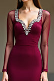 Elegant Burgundy Sheath Long Sleeves Formal Dress with Rhinestones