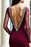 Elegant Burgundy Sheath Long Sleeves Formal Dress with Rhinestones