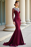 Burgundy Round Neck Mermaid Formal Dress with Long Sleeves