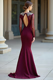 Burgundy Round Neck Mermaid Formal Dress with Long Sleeves