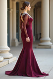 Burgundy Round Neck Mermaid Formal Dress with Long Sleeves