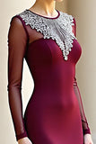 Burgundy Round Neck Mermaid Formal Dress with Long Sleeves