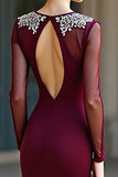 Burgundy Round Neck Mermaid Formal Dress with Long Sleeves