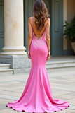 Mermaid Pink Spaghetti Straps Satin Long Prom Dress with Appliques