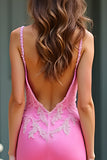 Mermaid Pink Spaghetti Straps Satin Long Prom Dress with Appliques