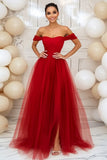 Red Off the Shoulder Tulle Ruched Floor Length Prom Dress