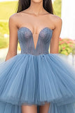 Grey Blue Ball Gown Sweetheart Tulle High-Low Prom Dress