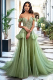 Dusty Sage Off the Shoulder A Line Applique Long Prom Dress