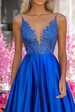 Royal Blue A Line Spaghetti Straps V-Neck Applique Long Prom Dress
