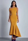 Yellow Satin One Shoulder Sheath Long Formal Dress