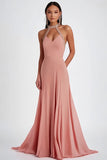 Halter Pink A Line Long Formal Dress with Beading