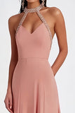 Halter Pink A Line Long Formal Dress with Beading