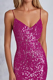 Sparkly Fuchsia Spaghetti Straps Sheath Sequined Long Formal Dress