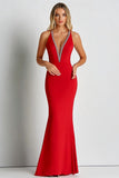 Red Deep V-Neck Sheath Beaded Long Formal Dress