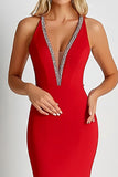 Red Deep V-Neck Sheath Beaded Long Formal Dress