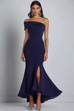 Navy Sheath Off the Shoulder Ruffled Maxi Formal Dress with Slit