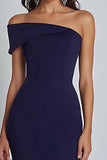 Navy Sheath Off the Shoulder Ruffled Maxi Formal Dress with Slit