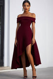 A Line Off the Shoulder Burgundy Asymmetrical Formal Dress