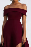 A Line Off the Shoulder Burgundy Asymmetrical Formal Dress