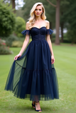 A Line Tulle Navy Sweetheart Formal Dress with Ruffles