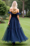 A Line Tulle Navy Sweetheart Formal Dress with Ruffles