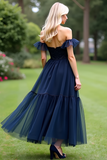 A Line Tulle Navy Sweetheart Formal Dress with Ruffles
