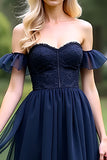 A Line Tulle Navy Sweetheart Formal Dress with Ruffles