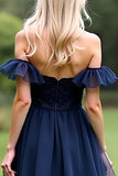 A Line Tulle Navy Sweetheart Formal Dress with Ruffles
