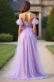 Lilac Off the Shoulder A Line Long Formal Dress with Ruffles