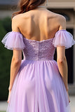Lilac Off the Shoulder A Line Long Formal Dress with Ruffles