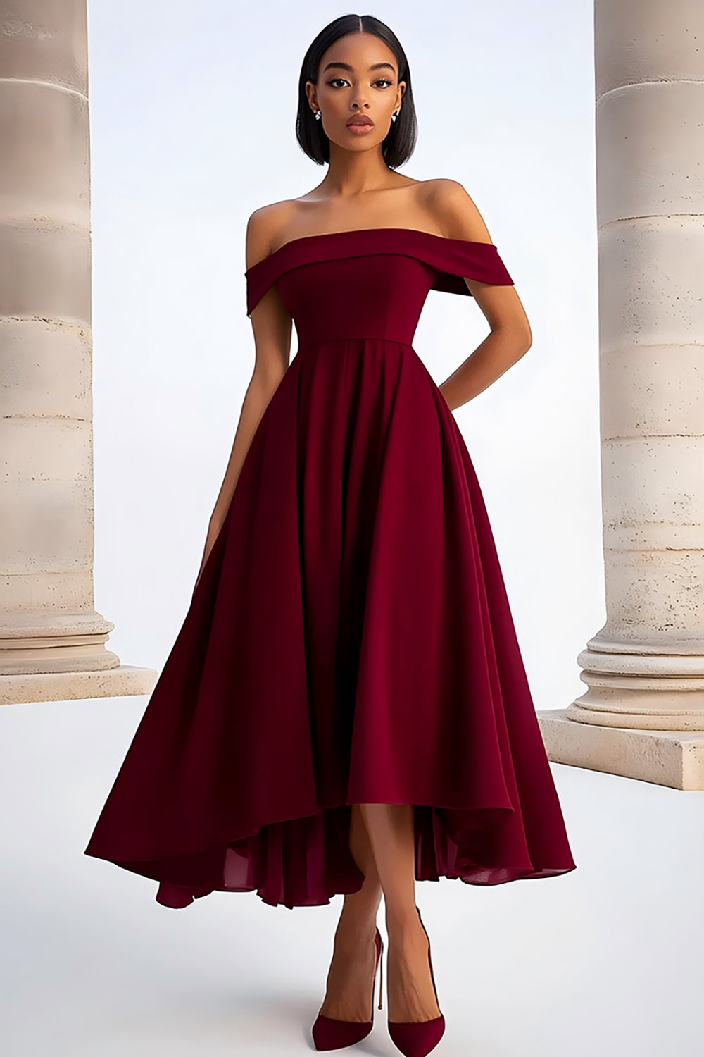 A Line Burgundy Off the Shoulder Tea-Length Formal Dress A Line Burgundy Off the Shoulder Tea-Length Formal Dress