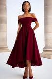 A Line Burgundy Off the Shoulder Tea-Length Formal Dress