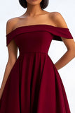 A Line Burgundy Off the Shoulder Tea-Length Formal Dress