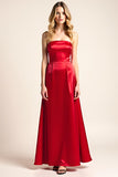 A Line Strapless Red Satin Long Formal Dress